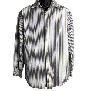 Sean John Button Up Dress Shirt L White Black Striped Long Sleeves Collared